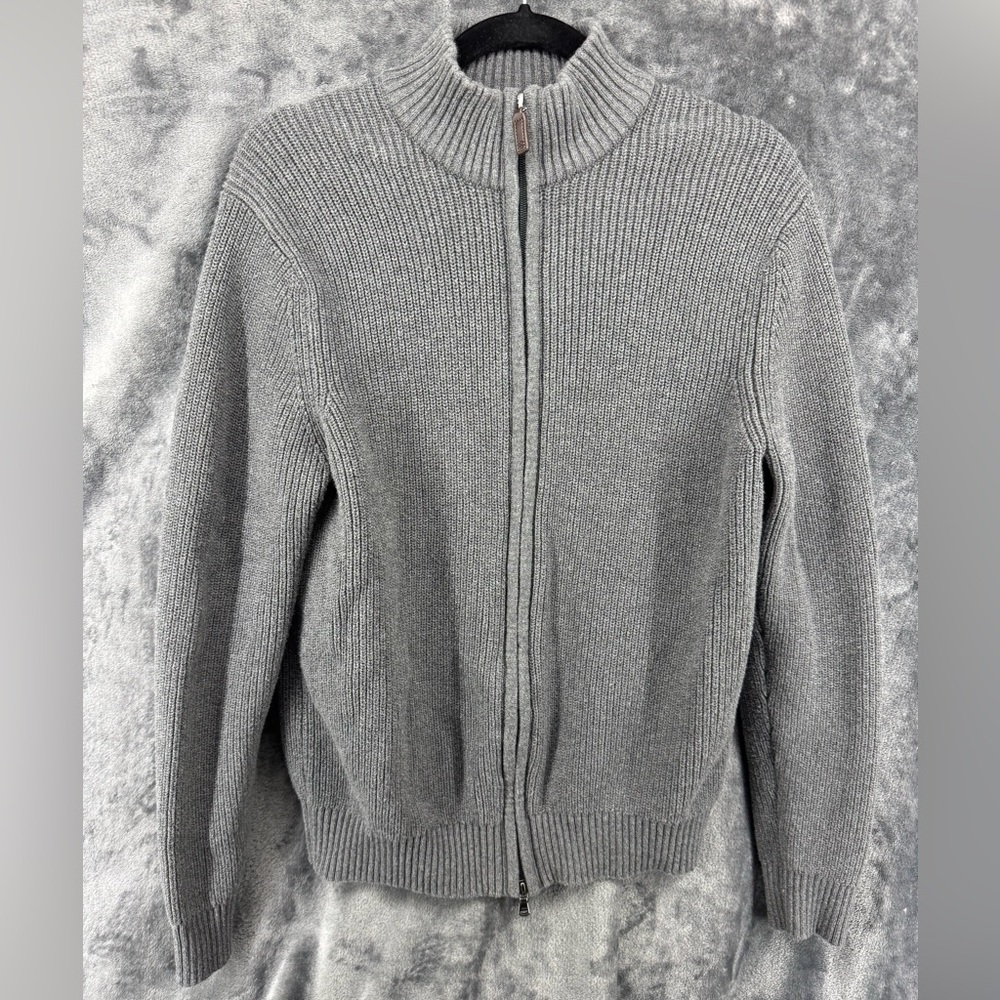 IZOD Charcoal Gray Ribbed Mock Neck Knit Sweater Jacket Full Zip Size Medium